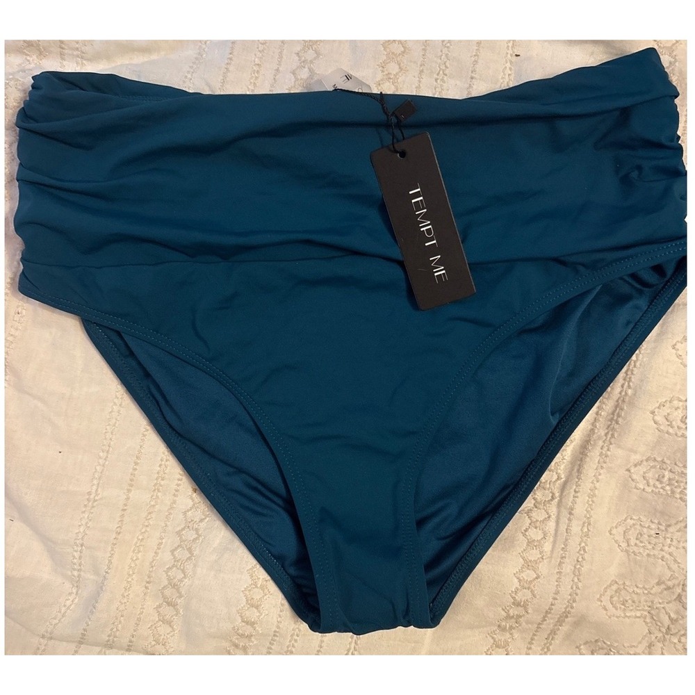 NEW Tempt‎ Me Teal Ruched Waistband Medium Coverage Bikini Bottoms Swimwear, M